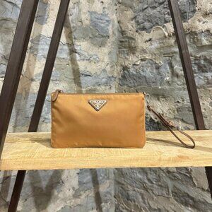 Prada Ochre Tessuto Triangle Emblem Wristlet Pouch